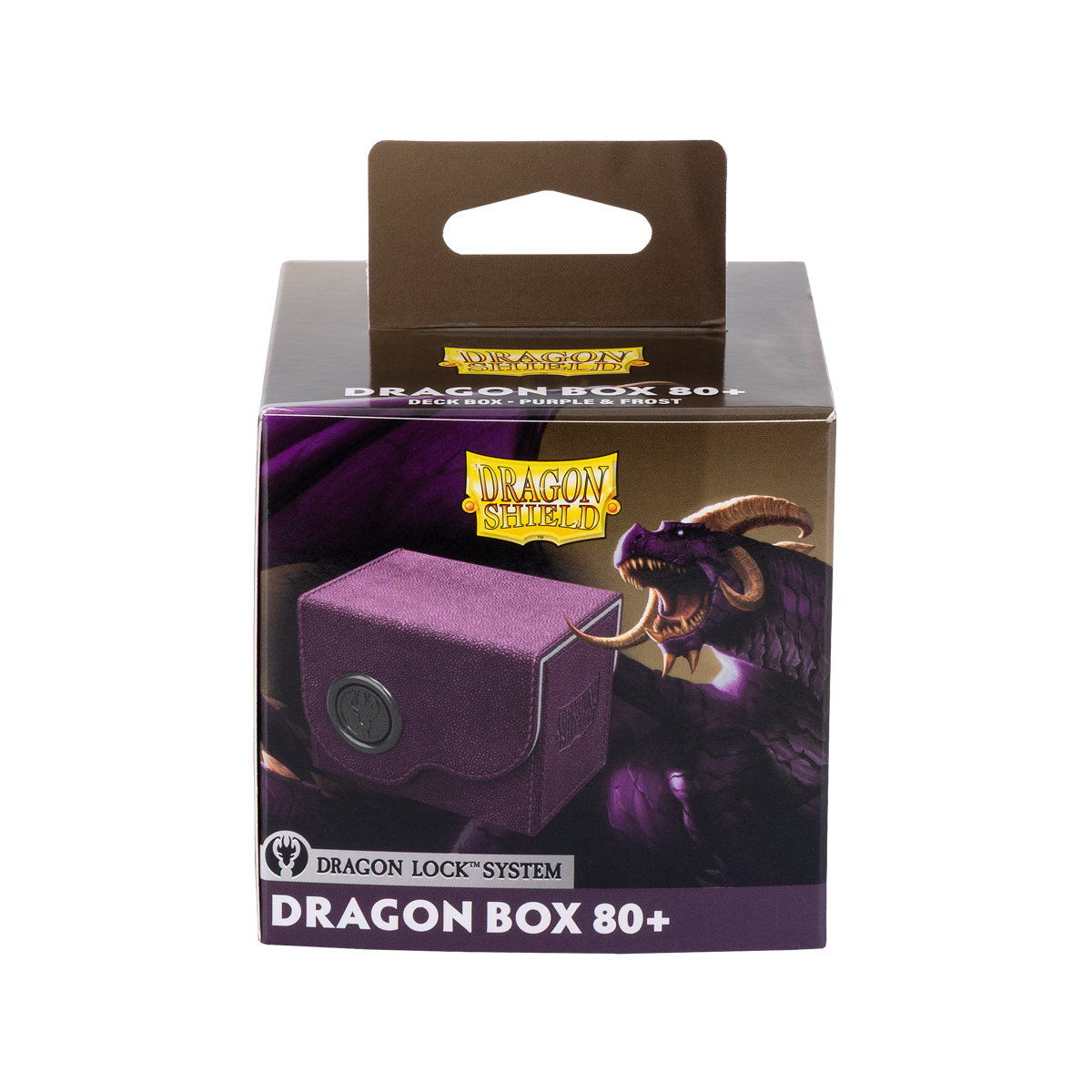 A purple Dragon Shield Dragon Box 80+ deck box with a dragon illustration. Brand: Dragon Shield, Item: Dragon Box 80+ Purple & Frost.