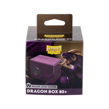 A purple Dragon Shield Dragon Box 80+ deck box with a dragon illustration. Brand: Dragon Shield, Item: Dragon Box 80+ Purple & Frost.
