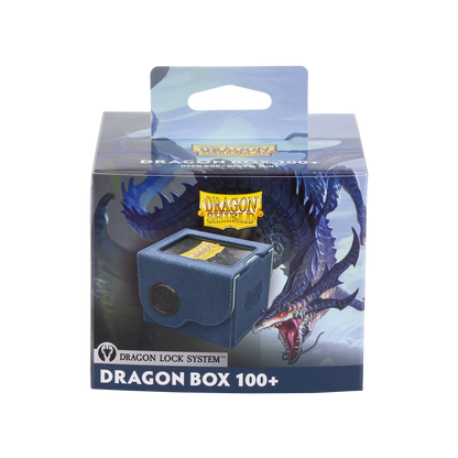 A blue Dragon Shield deck box 100+ with a dragon illustration. Brand: Dragon Shield, Item: Dragon Box 100+ Blue & Mint.