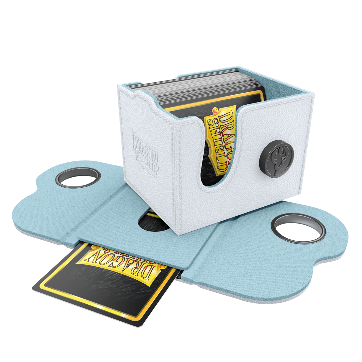 A white and aqua Dragon Box 100+ deck box. Brand: Dragon Shield, Item: Dragon Box 100+ White & Aqua.