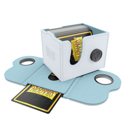 A white and aqua Dragon Box 100+ deck box. Brand: Dragon Shield, Item: Dragon Box 100+ White & Aqua.