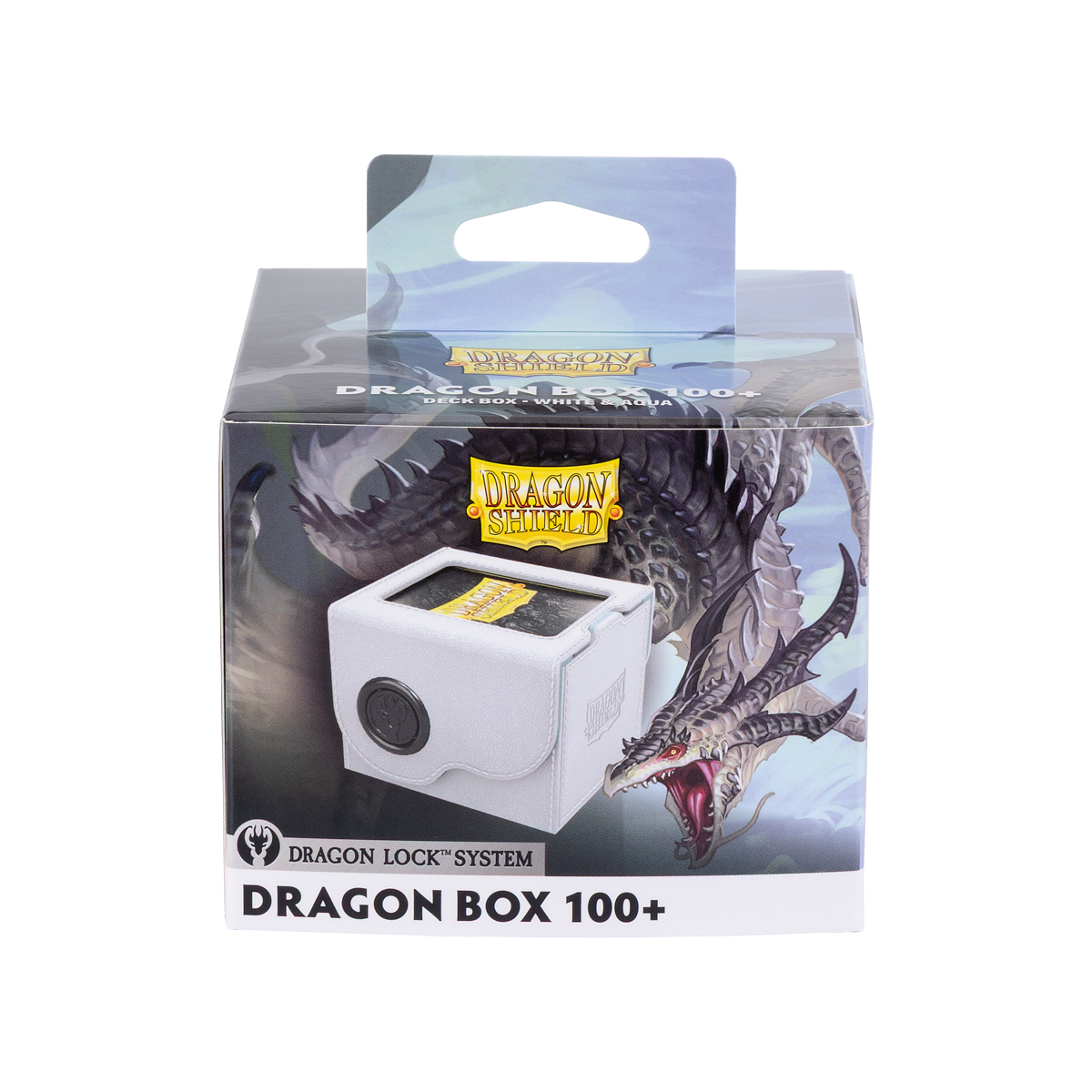 A White & Aqua Dragon Box 100+ Deck Box. Brand: Dragon Shield, Item: Dragon Box 100+ White & Aqua.