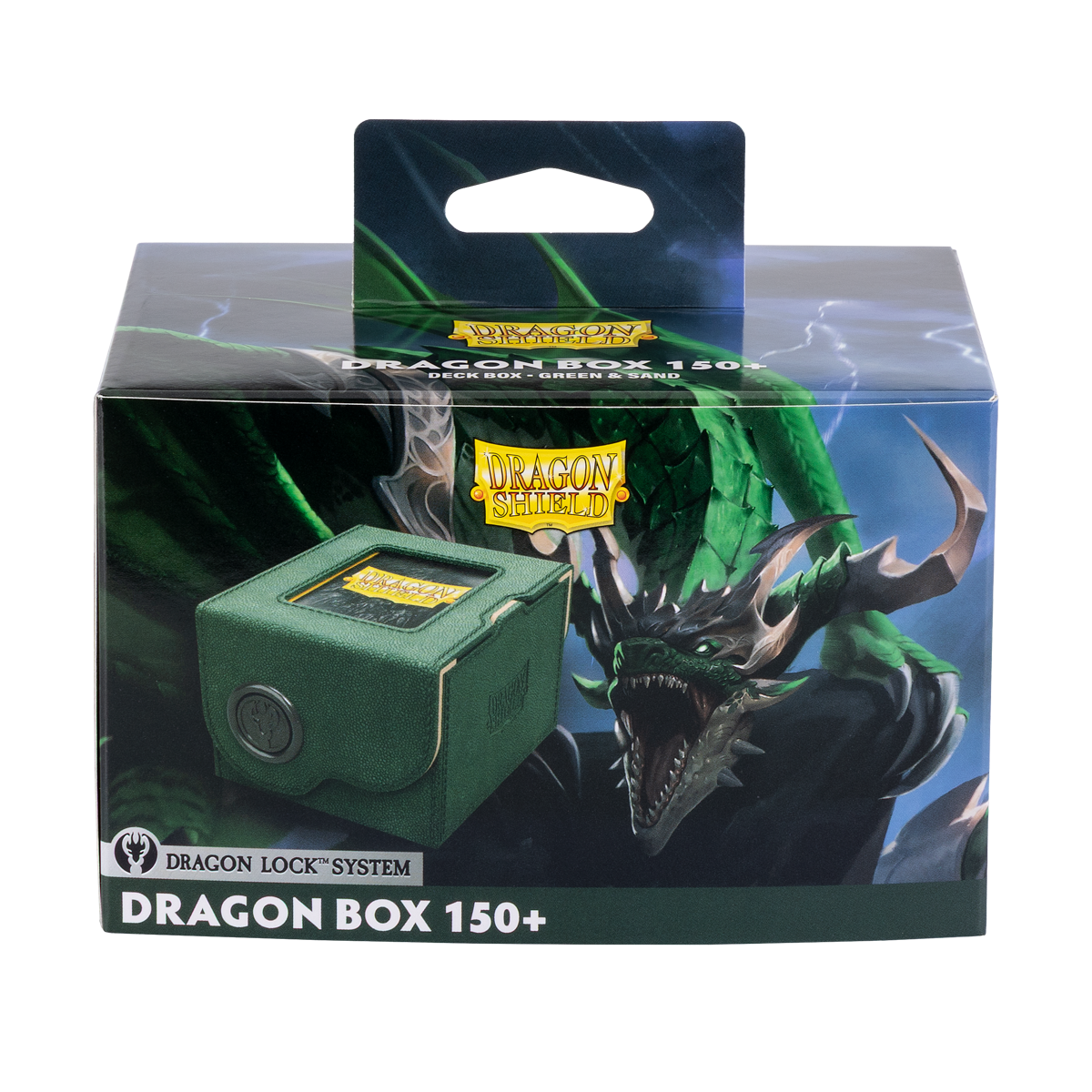 A green Dragon Shield Dragon Box 150+ deck box featuring a dragon illustration. Brand: Dragon Shield, Item: Dragon Box 150+ Green & Sand.