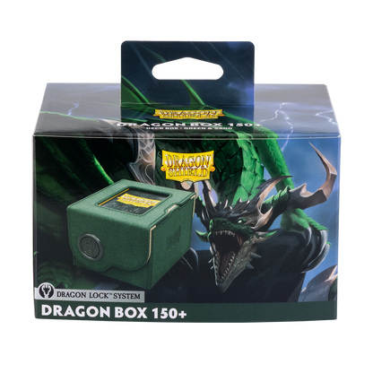 A green Dragon Shield Dragon Box 150+ deck box featuring a dragon illustration. Brand: Dragon Shield, Item: Dragon Box 150+ Green & Sand.