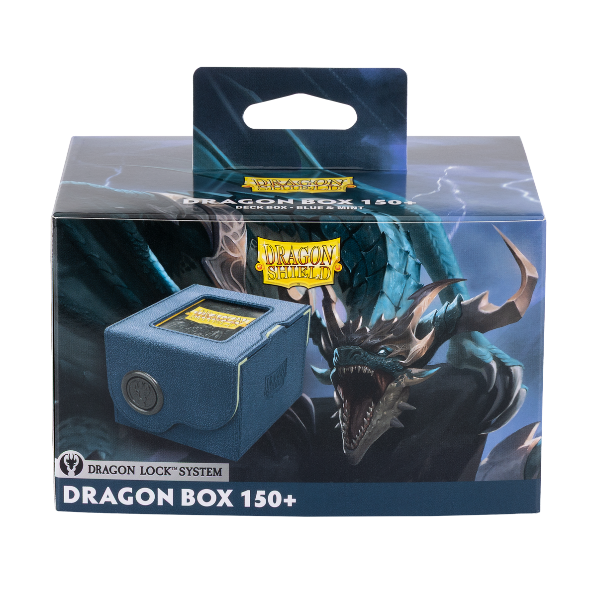 A blue Dragon Box 150+ deck box. Brand: Dragon Shield, Item: Dragon Box 150+ Blue & Mint.