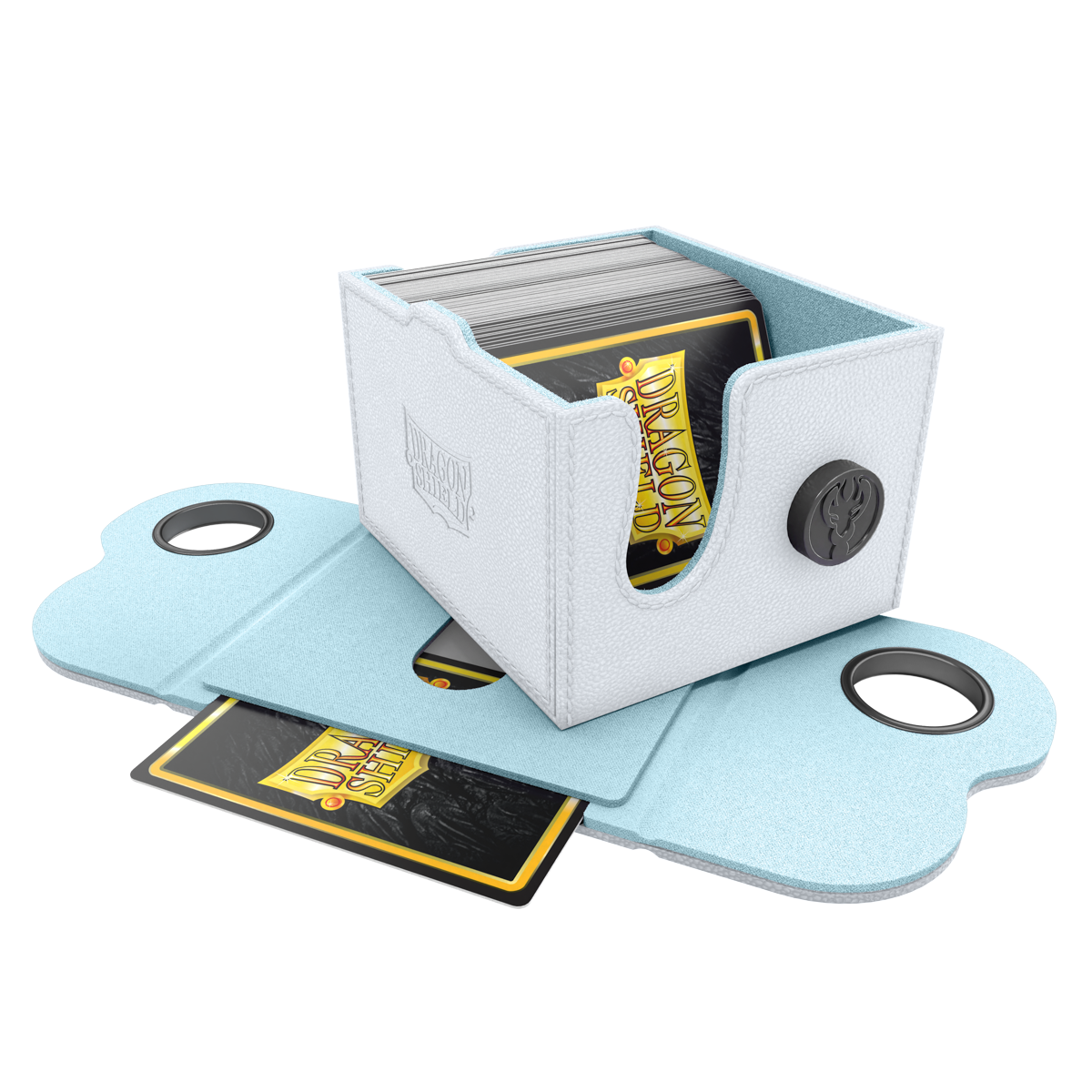 A White & Aqua Dragon Box 150+ Deck Box. Brand: Dragon Shield, Item: Dragon Box 150+ White & Aqua.