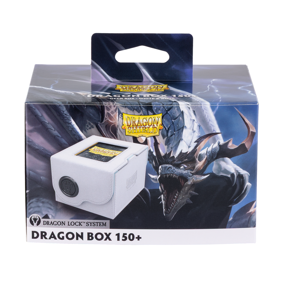 A white Dragon Shield Dragon Box 150+ deck box with a dragon illustration on the packaging. Brand: Dragon Shield, Item: Dragon Box 150+ White & Aqua.