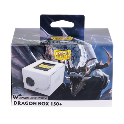 A white Dragon Shield Dragon Box 150+ deck box with a dragon illustration on the packaging. Brand: Dragon Shield, Item: Dragon Box 150+ White & Aqua.