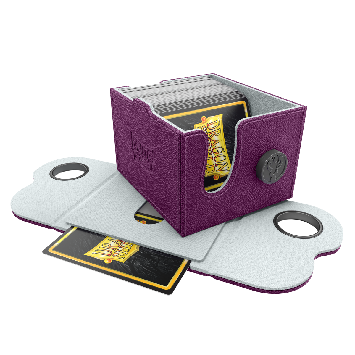 A purple and frost Dragon Shield deck box holding cards. Brand: Dragon Shield, Item: Dragon Box 150+ Purple & Frost.