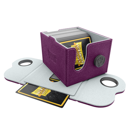 A purple and frost Dragon Shield deck box holding cards. Brand: Dragon Shield, Item: Dragon Box 150+ Purple & Frost.