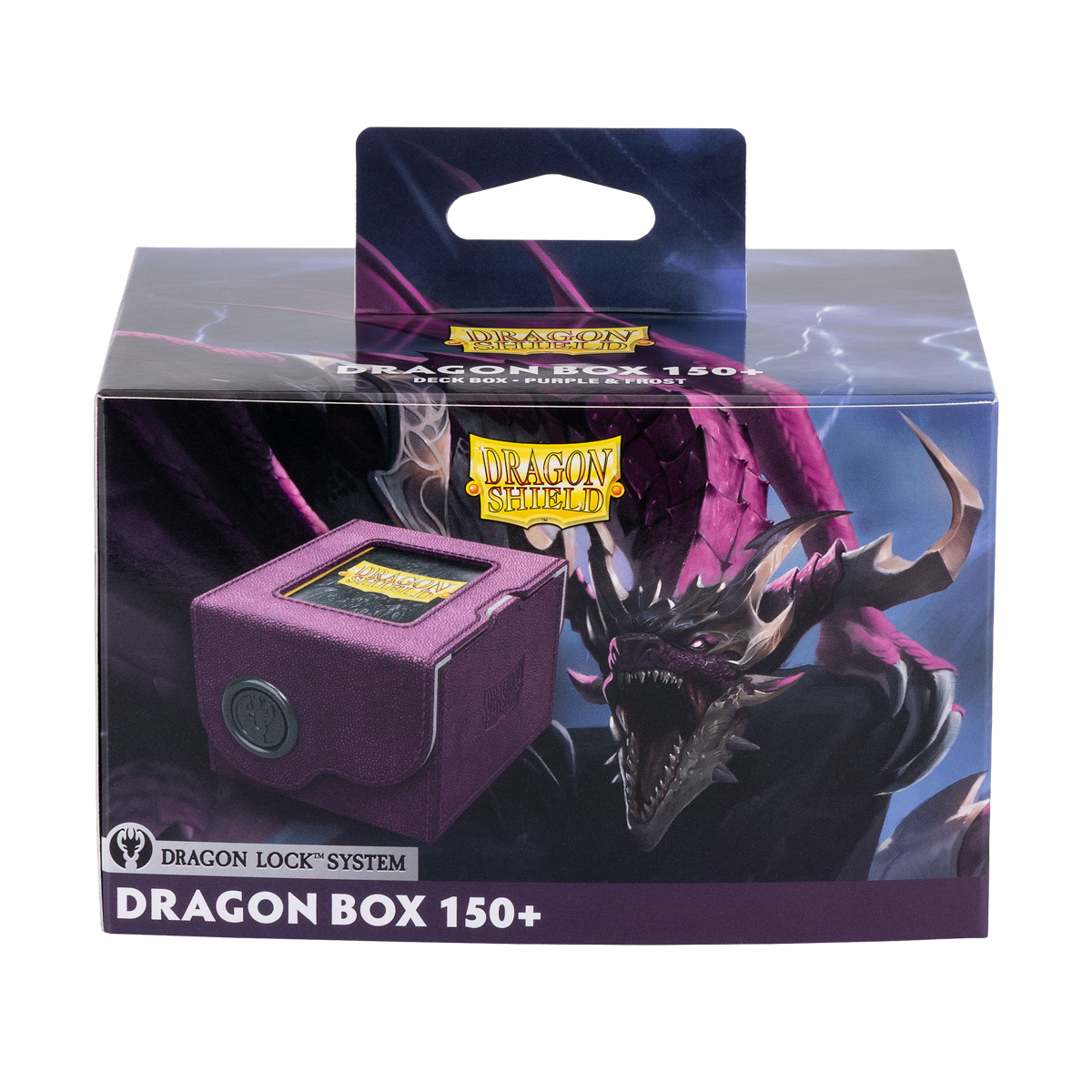A purple Dragon Box 150+ deck box with a dragon illustration. Brand: Dragon Shield, Item: Dragon Box 150+ Purple & Frost.