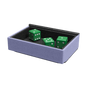 A lilac and black Dragon Shield dice tray with three green dice. Brand: Dragon Shield (Dev), Item: Dragon Tray - Black & Lilac