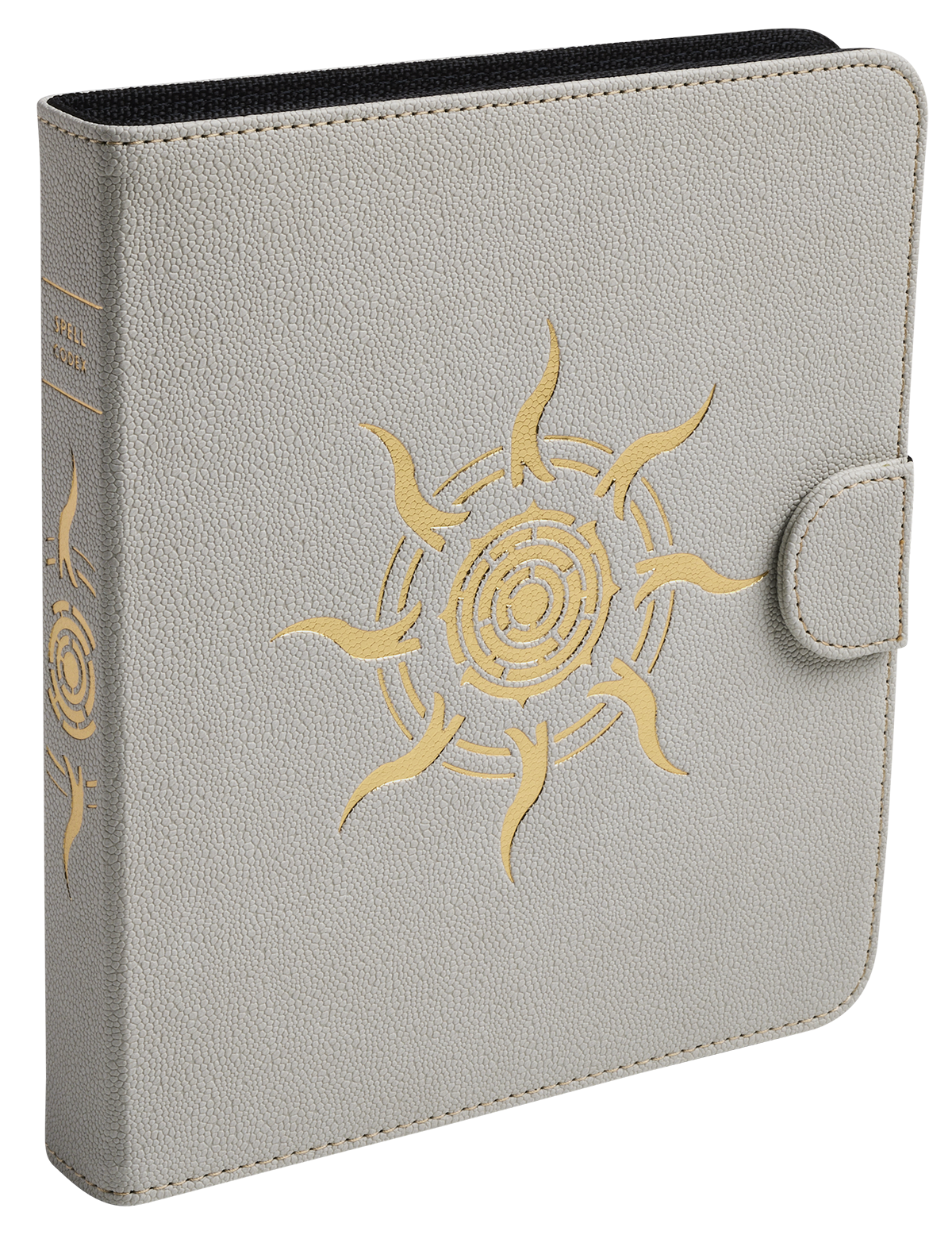 A light grey Spell Codex by Dragon Shield with a golden sun emblem. Brand: Dragon Shield (Dev), Item: Spell Codex - Ashen White.