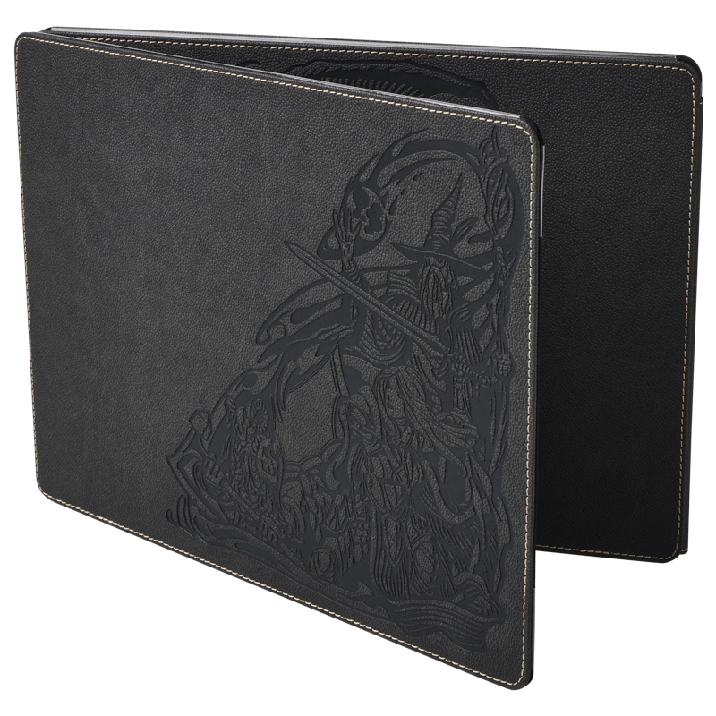 A black leather Game Master Screen with embossed fantasy artwork. Brand: Dragon Shield (Dev), Item: Game Master Screen - Iron Grey.
