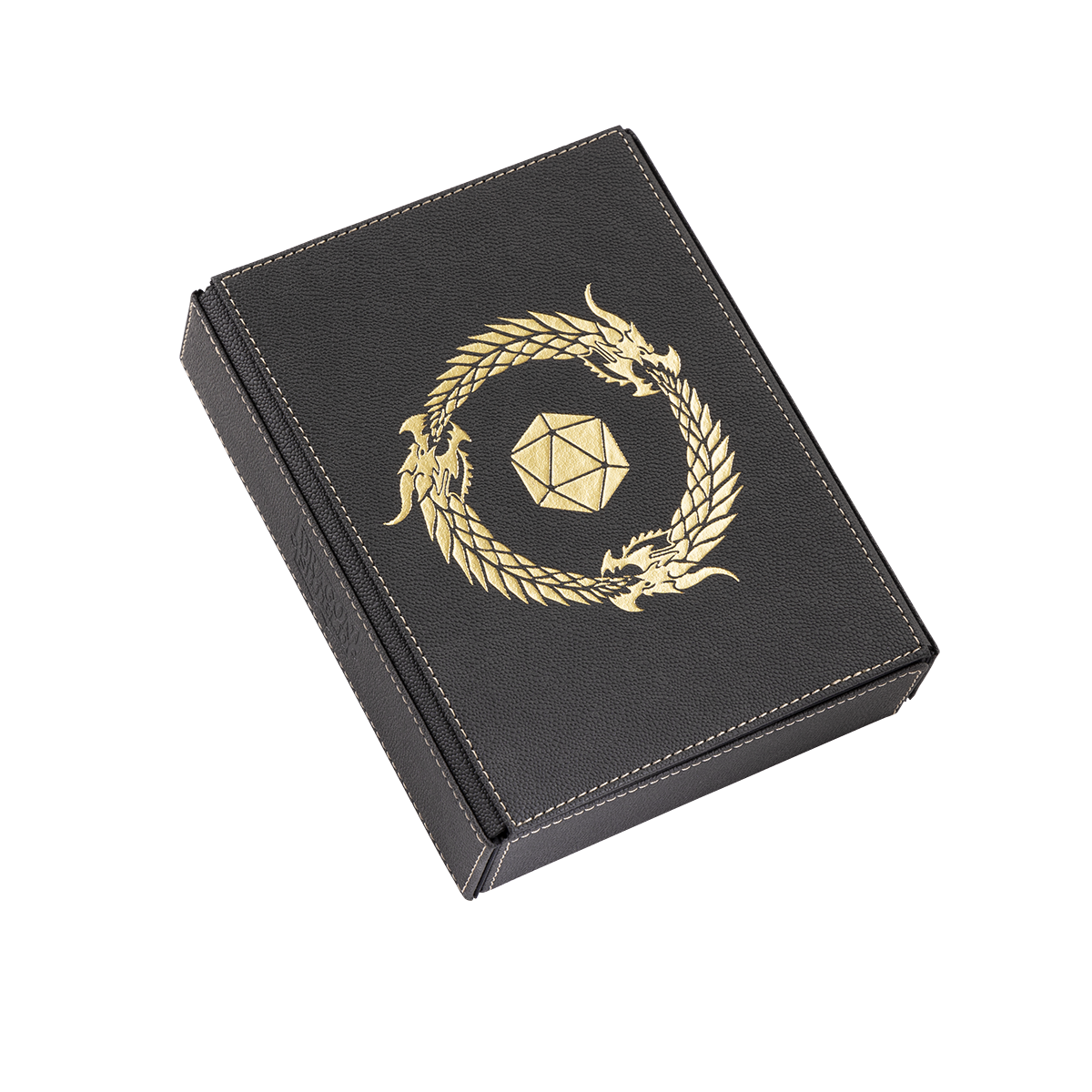 A black Dragon Shield Dice Companion with a gold dragon ouroboros and d20 symbol. Brand: Dragon Shield (Dev), Item: Dice Companion - Iron Grey.