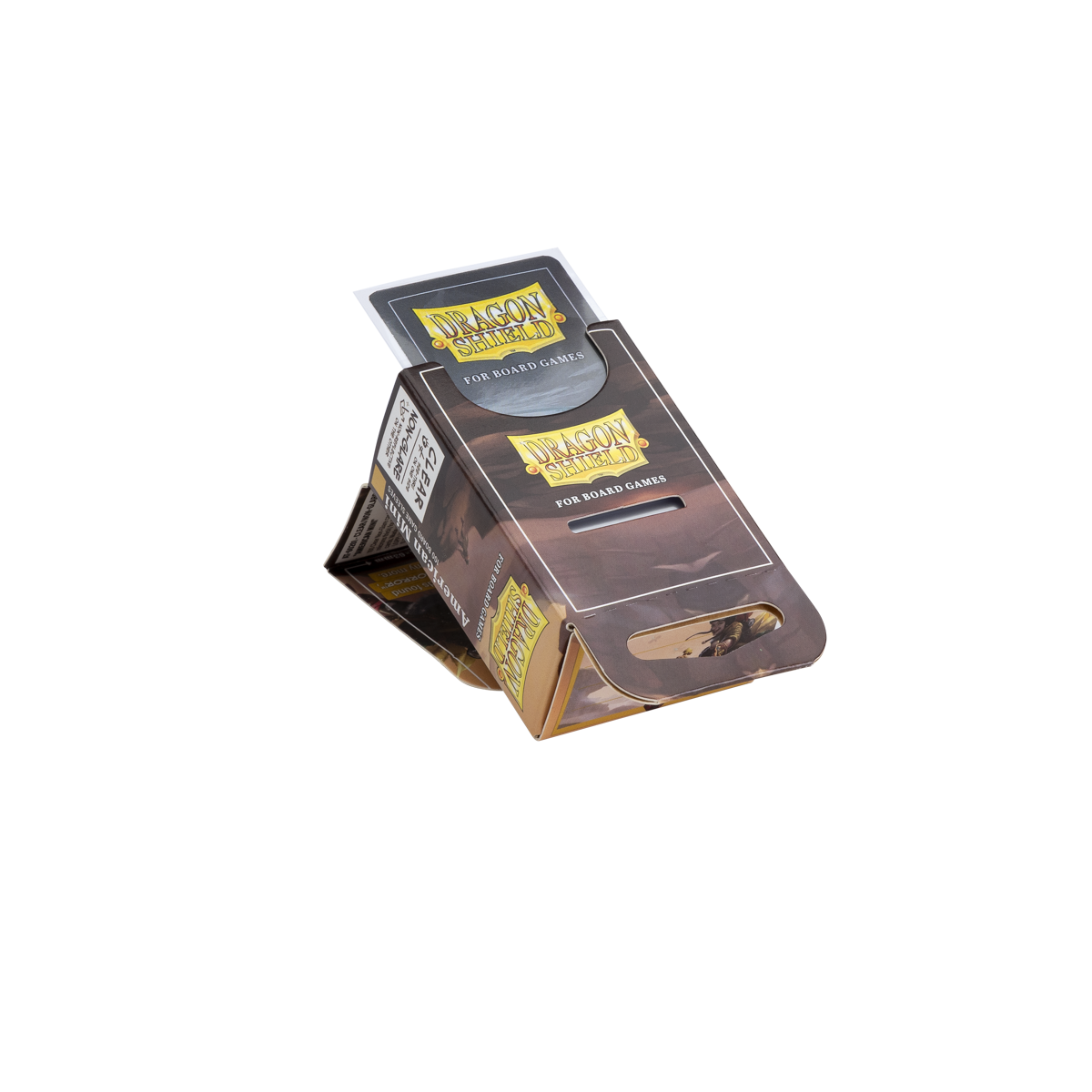 A clear, non-glare Dragon Shield board game sleeve pack. Brand: Dragon Shield, Item: American Mini Sleeves.