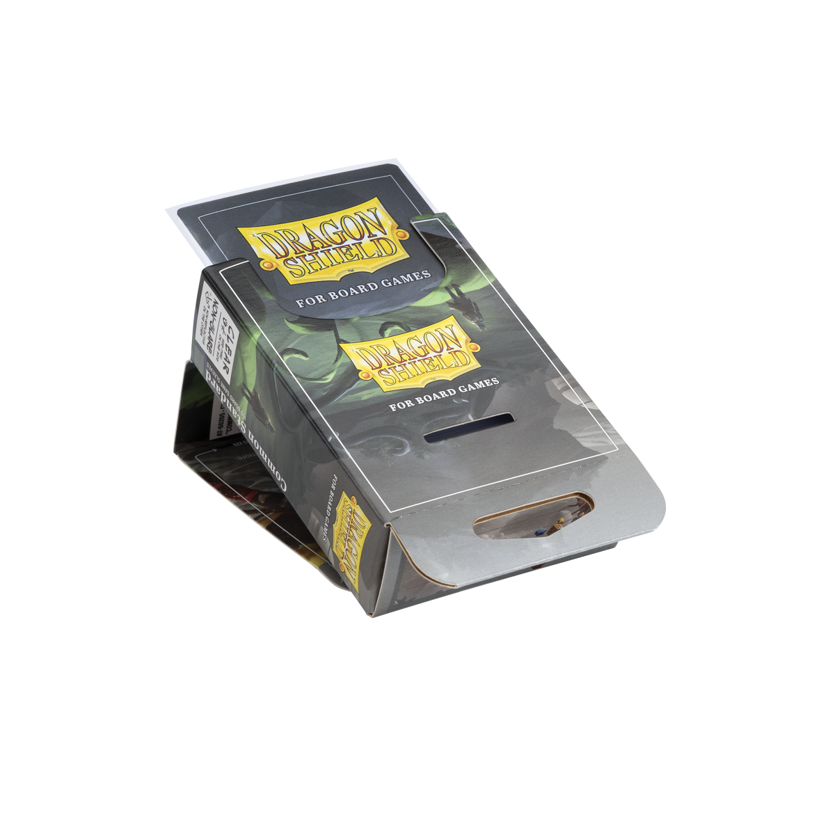 A clear/non-glare Dragon Shield standard board game sleeves display box. Brand: Dragon Shield, Item: Common Standard - Clear/Non-Glare - Board Game Sleeves.