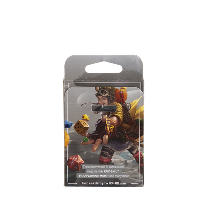 A clear/non-glare board game sleeve box featuring artwork of a character from a board game. Brand: Common, Item: Standard - Clear/Non-Glare - Board Game Sleeves.