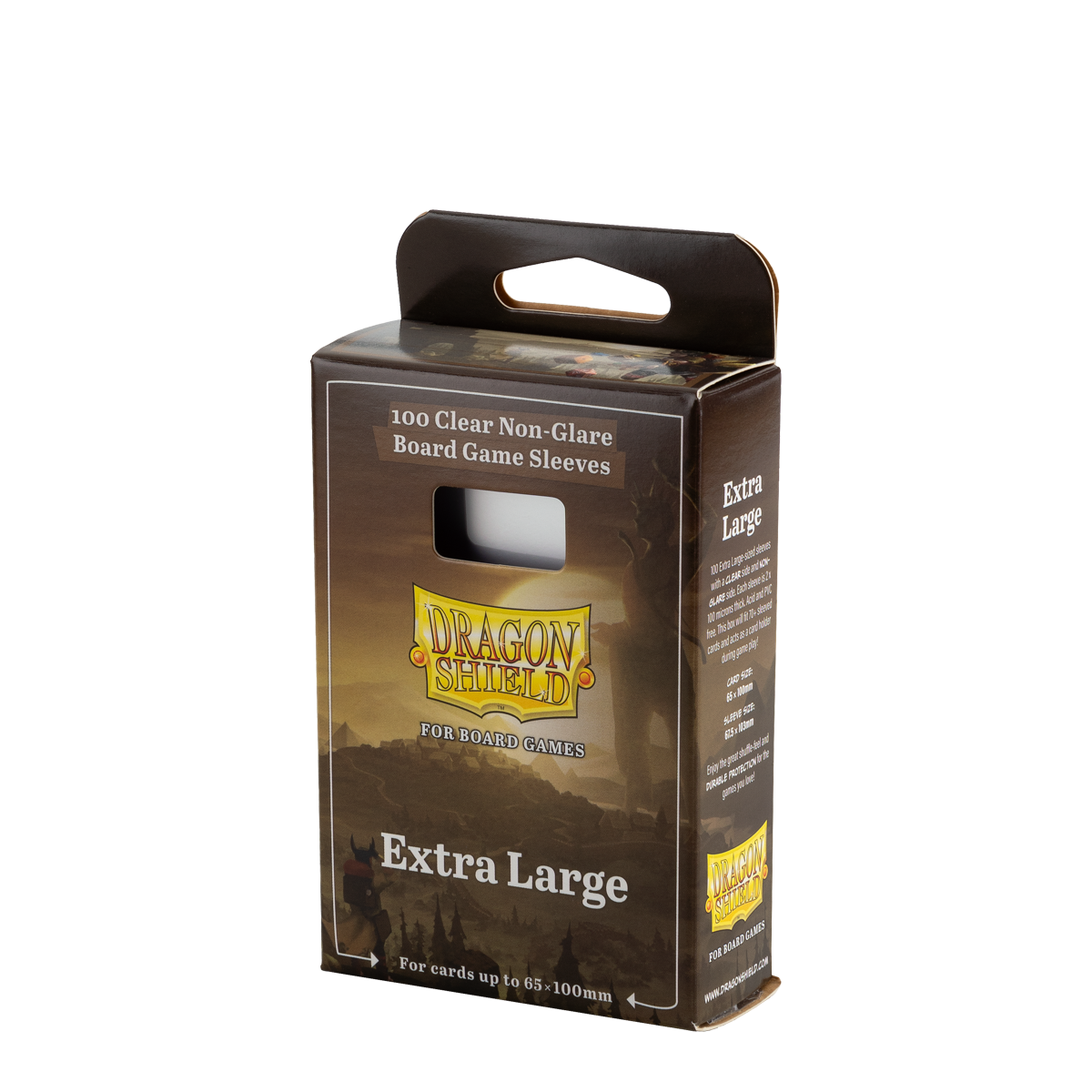 A brown cardboard box of Dragon Shield Extra Large Clear Non-Glare Board Game Sleeves.
