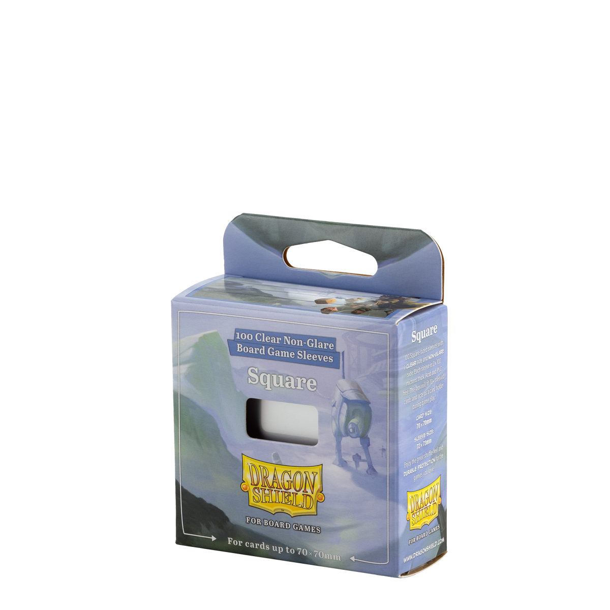 A clear/non-glare Dragon Shield Square board game sleeves box. Item: Square - Clear/Non-Glare - Board Game Sleeves.