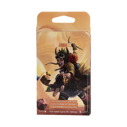A clear/non-glare board game sleeves package featuring artwork of a character with goggles and dice. Item: Tarot - Clear/Non-Glare - Board Game Sleeves.