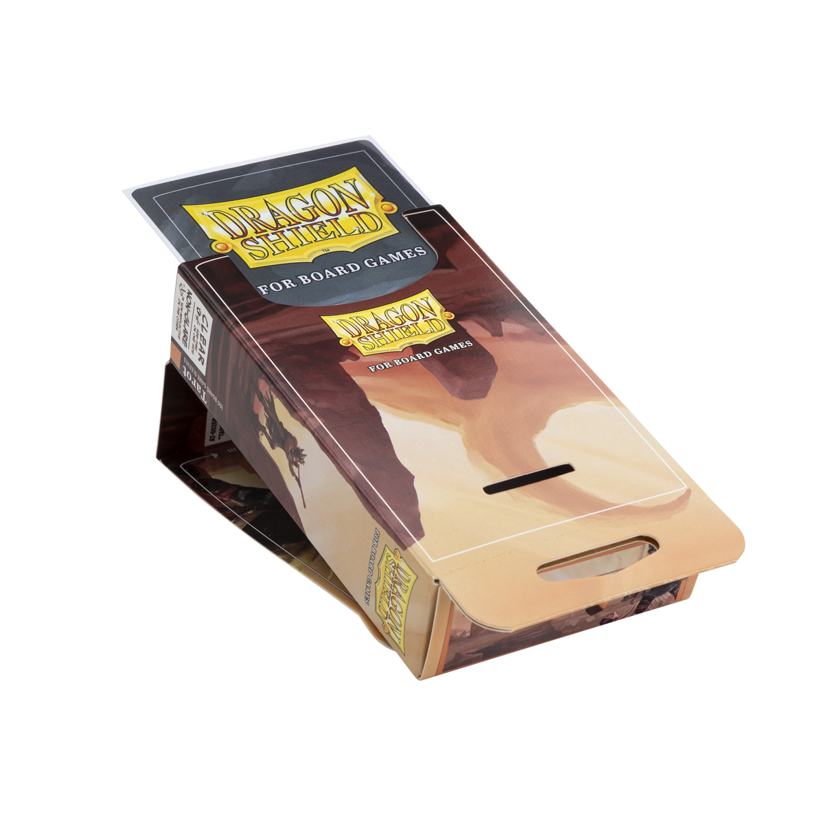 A clear Dragon Shield board game sleeve box. Brand: Dragon Shield, Item: Tarot - Clear/Non-Glare - Board Game Sleeves.