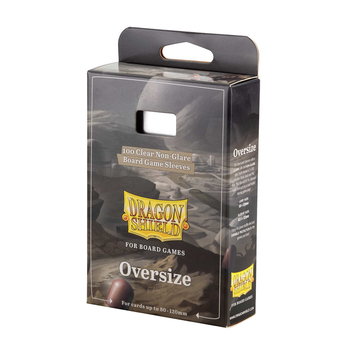 A clear/non-glare Dragon Shield Oversize board game sleeves box. Item: Oversize - Clear/Non-Glare - Board Game Sleeves.