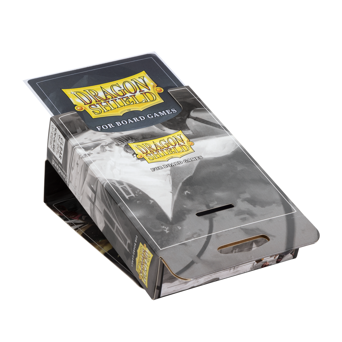 A clear/non-glare Dragon Shield deck box for board games.