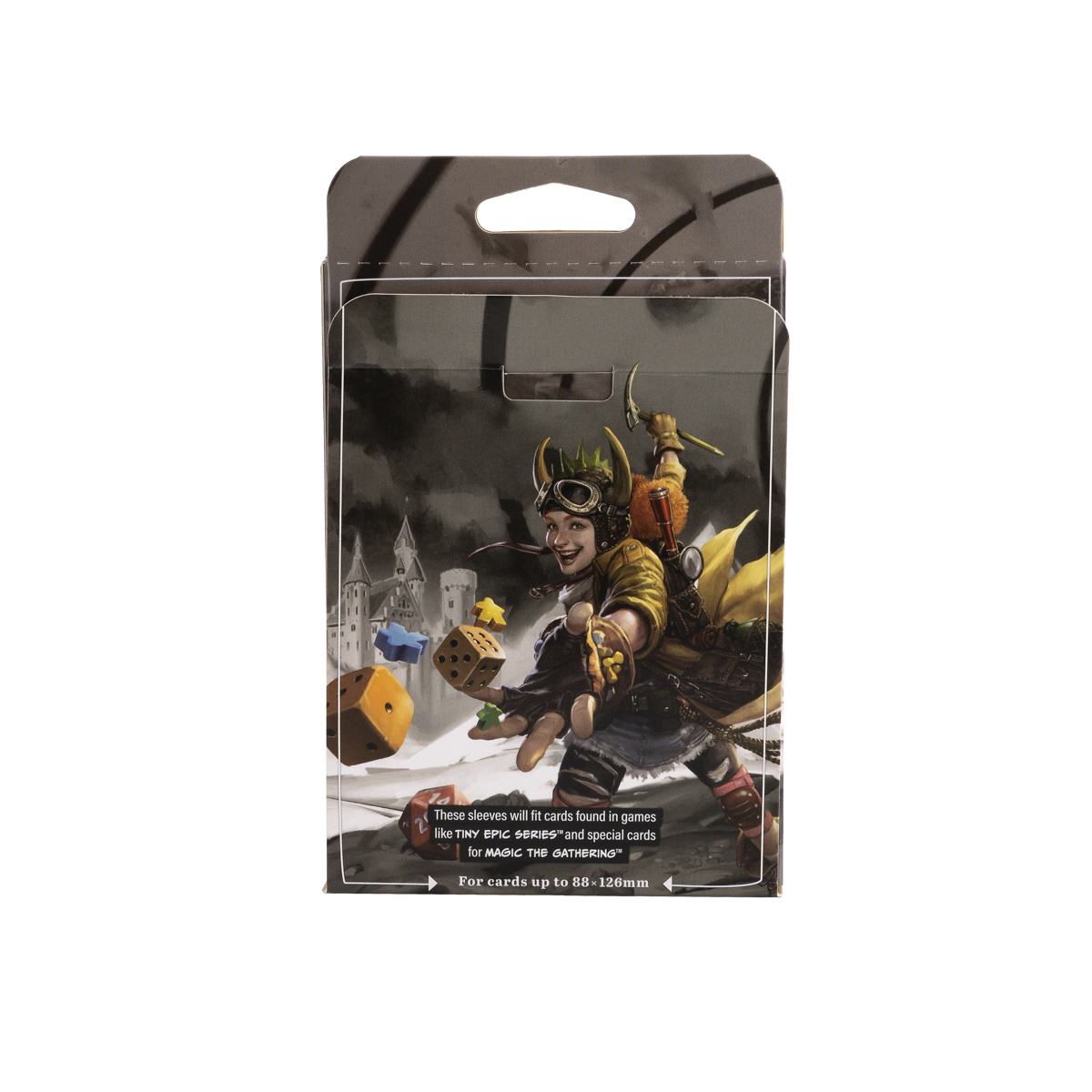 A clear/non-glare board game sleeve packaging featuring artwork of a character with dice and a castle in the background. Brand: [Vendor], Item: Grand Standard Board Game Sleeves.