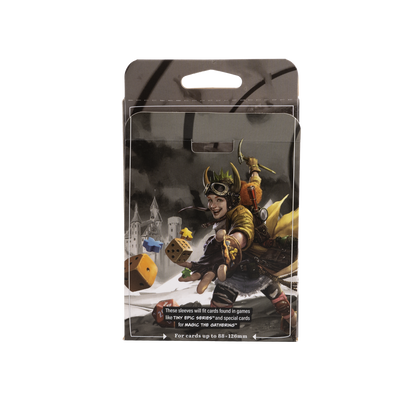 A clear/non-glare board game sleeve packaging featuring artwork of a character with dice and a castle in the background. Brand: [Vendor], Item: Grand Standard Board Game Sleeves.