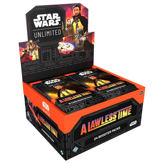 A sealed Booster Box box featuring Star Wars: A Lawless Time art. Publisher: Star Wars Unlimited, Game: Star Wars Unlimited, Set: A Lawless Time (ALTS)
