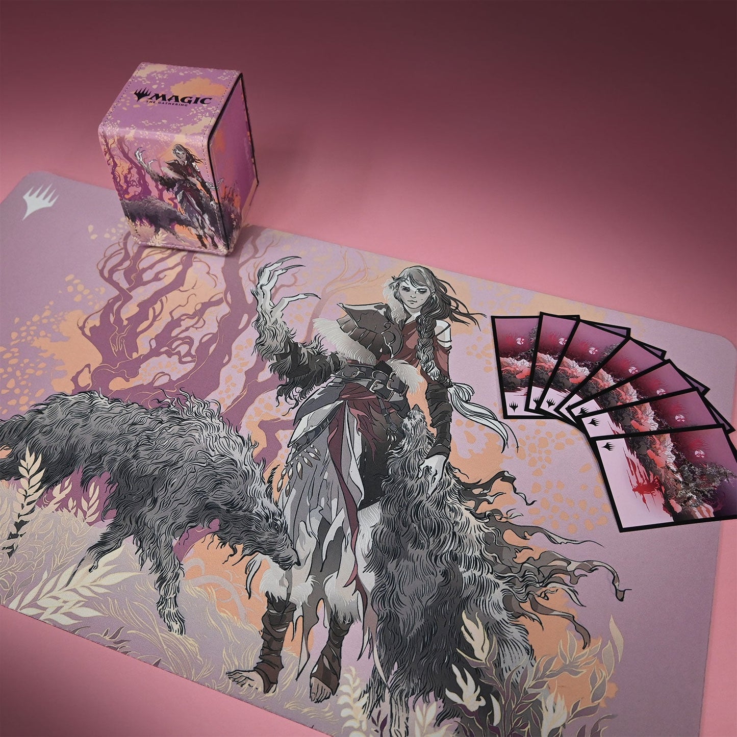 A purple Magic: The Gathering playmat featuring Arlinn the Pack Leader and two wolves. Includes a matching deck box and several card sleeves. Brand: Magic: The Gathering, Item: Innistrad: Midnight Hunt Arlinn the Pack Leader Double-Sided Standard Gaming Playmat.