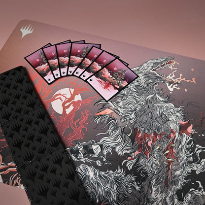 A pink and grey playmat featuring Arlinn the Pack Leader from Magic: The Gathering, with several cards fanned out on top. Brand: Magic: The Gathering, Item: Innistrad: Midnight Hunt Arlinn the Pack Leader Double-Sided Standard Gaming Playmat.
