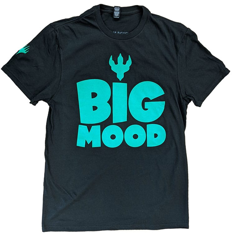 A black short-sleeve t-shirt with "BIG MOOD" in teal lettering and a teal trident graphic above it. Brand: MTG PRO Shop, Item: Big Mood T-shirt for Magic: The Gathering