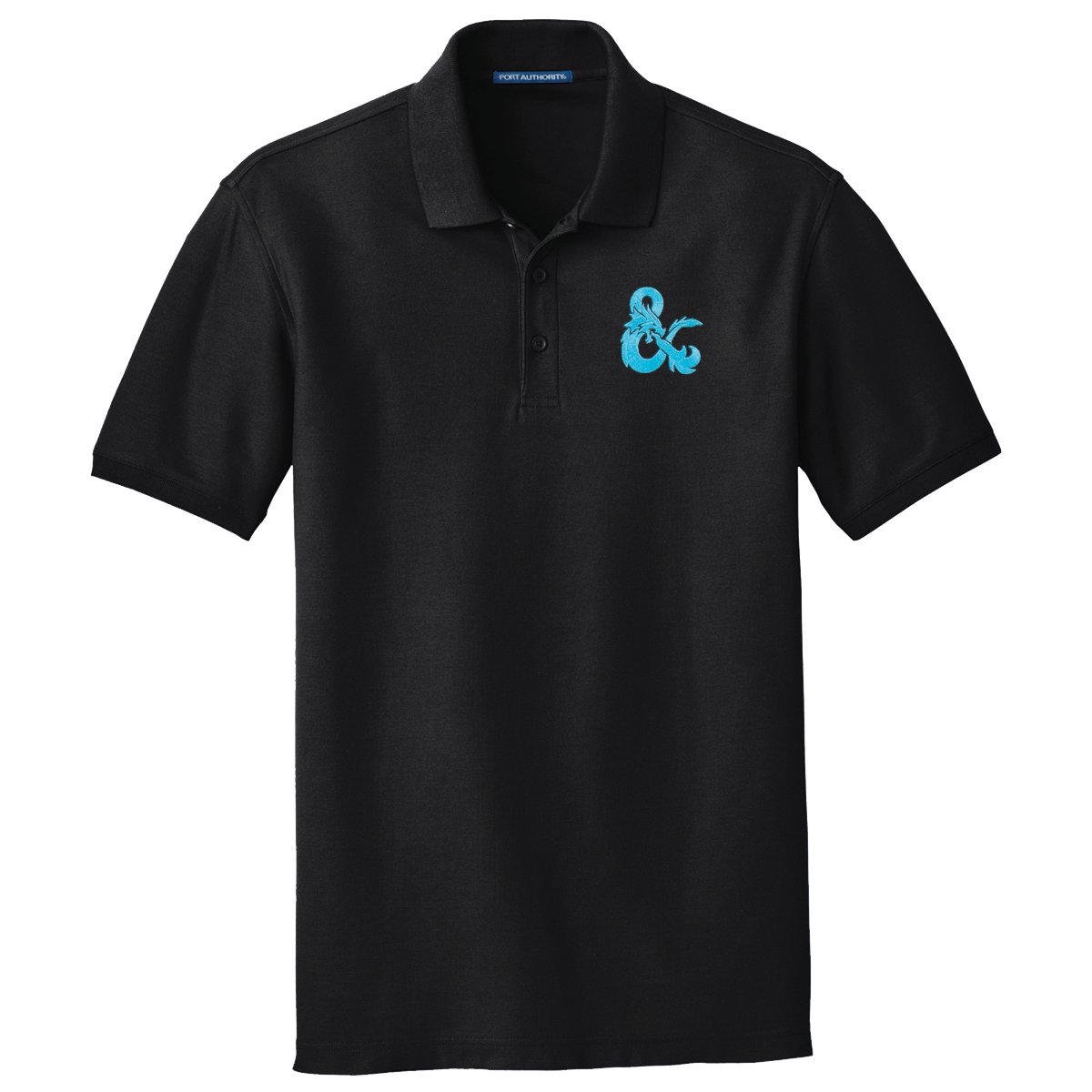 A Black Polo Shirt with Blue D&D Logo. Brand: MTG Pro Shop, Item: Dungeons & Dragons Embroidered Polo Shirt - Black with Blue D&D Logo