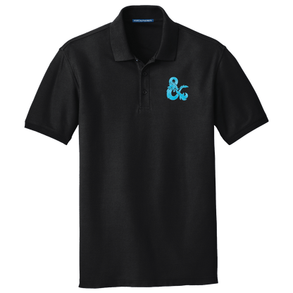 A Black Polo Shirt with Blue D&D Logo. Brand: MTG Pro Shop, Item: Dungeons & Dragons Embroidered Polo Shirt - Black with Blue D&D Logo