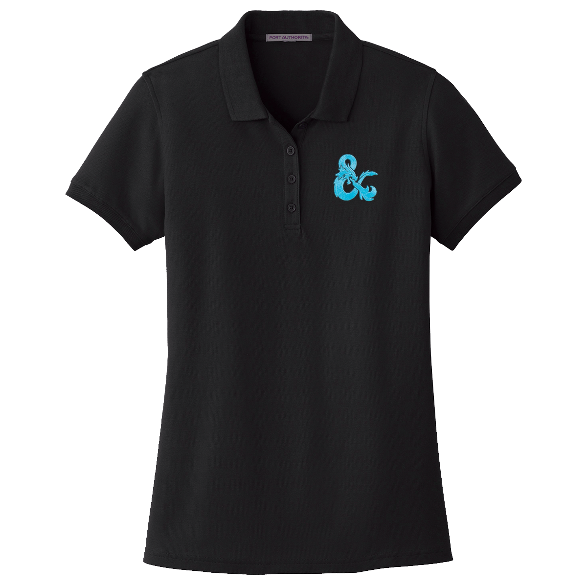 A Black Polo Shirt with a Blue Dungeons & Dragons Logo. Brand: MTG Pro Shop, Item: Dungeons & Dragons Embroidered Polo Shirt - Black with Blue D&D Logo.