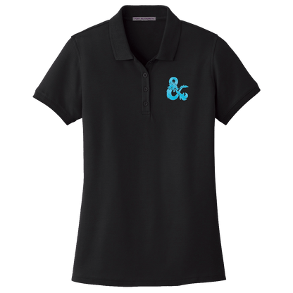 A Black Polo Shirt with a Blue Dungeons & Dragons Logo. Brand: MTG Pro Shop, Item: Dungeons & Dragons Embroidered Polo Shirt - Black with Blue D&D Logo.