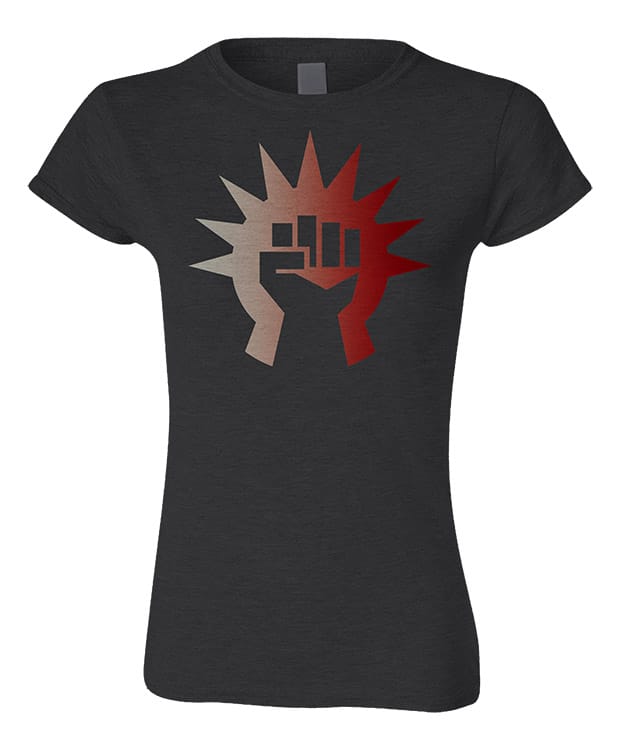 A dark grey women's t-shirt featuring the Boros Guild symbol in a red and white gradient. Brand: MTG PRO Shop, Item: Guild Symbol Women's Boros T-Shirt for Magic: The Gathering