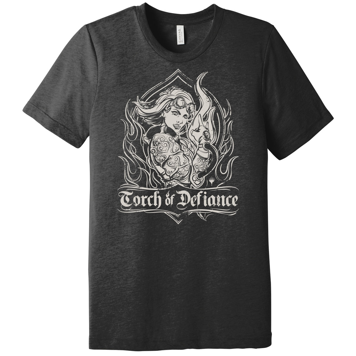 A charcoal heather men's t-shirt featuring Chandra Nalaar, the Torch of Defiance, from Magic: The Gathering. Brand: MTG PRO Shop, Item: Chandra "Torch of Defiance" Men's T-shirt for Magic: The Gathering