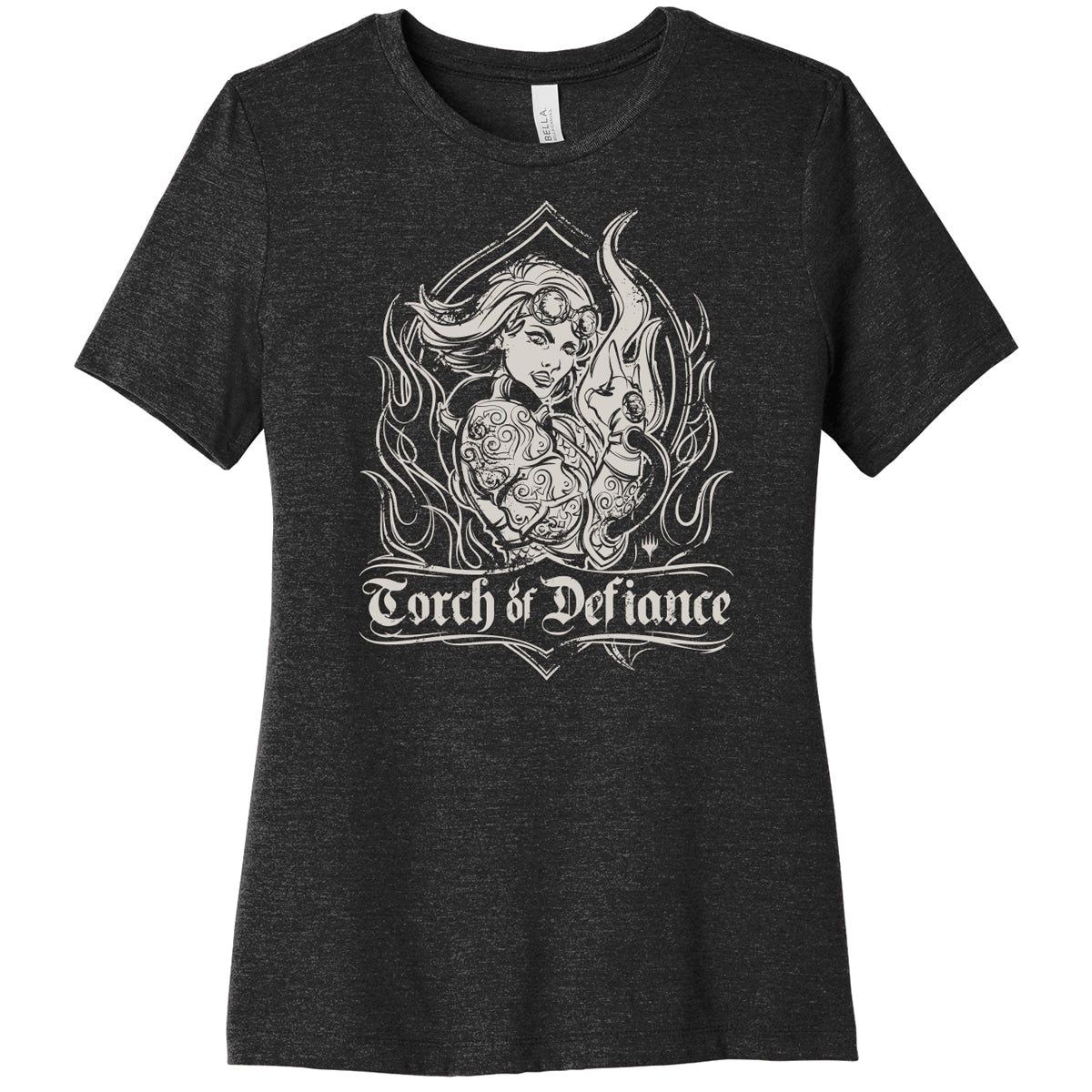 A dark heather women's t-shirt featuring Chandra Nalaar from Magic: The Gathering, with the text "Torch of Defiance". Brand: MTG PRO Shop, Item: Chandra "Torch of Defiance" Women's T-shirt.