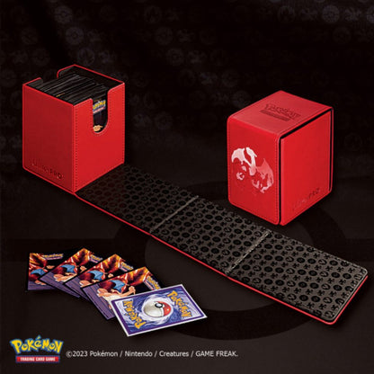 A red Ultra PRO Elite Series Alcove Flip Deck Box for Pokemon featuring Charizard artwork. Brand: Ultra PRO, Item: Elite Series: Charizard ALCOVE® Flip DECK BOX® for Pokemon