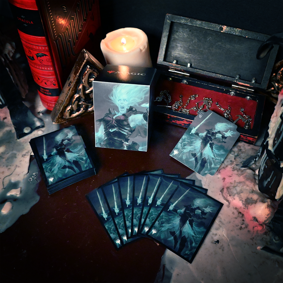 A dark, gothic-themed Magic: The Gathering Commander Combo Box and card sleeves featuring Millicent, Restless Revenant.