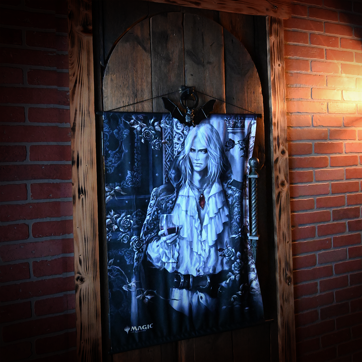 A dark fantasy style Sorin the Mirthless wall scroll for Magic: The Gathering. Brand: Magic: The Gathering, Item: Innistrad: Crimson Vow Sorin the Mirthless Wall Scroll.