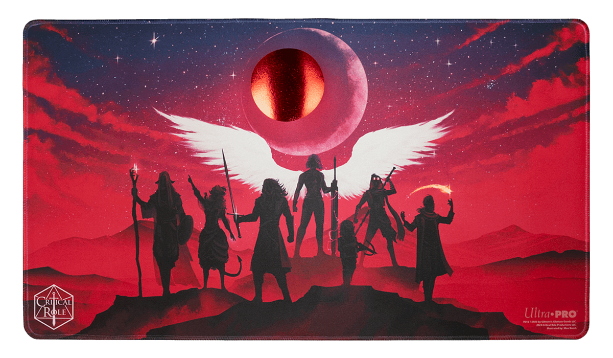 A red and blue Critical Role Live Show Stitched Edge Playmat with Spot Foil. Brand: Ultra PRO, Item: Critical Role Live Show Stitched Edge Playmat with Spot Foil.
