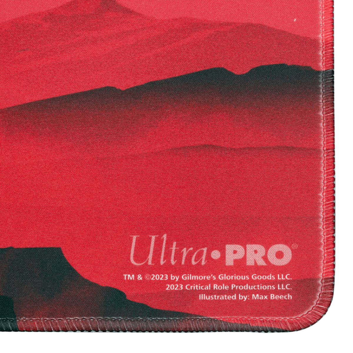 A red landscape playmat featuring mountains and the Ultra PRO logo. Brand: Ultra PRO, Item: Critical Role Live Show Stitched Edge Playmat with Spot Foil.