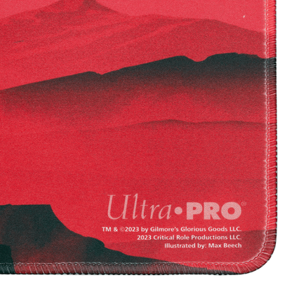 A red landscape playmat featuring mountains and the Ultra PRO logo. Brand: Ultra PRO, Item: Critical Role Live Show Stitched Edge Playmat with Spot Foil.
