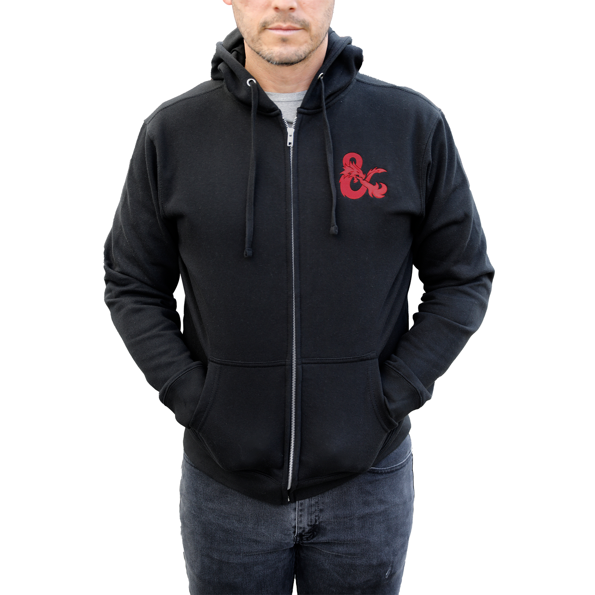 A Black Zip-Up Hoodie with a Red Dungeons & Dragons Logo. Brand: Legion Supplies, Item: Dungeons & Dragons Zip-Up Hoodie - Black with Red D&D Logo