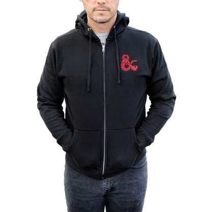 A Black Zip-Up Hoodie with a Red Dungeons & Dragons Logo. Brand: Legion Supplies, Item: Dungeons & Dragons Zip-Up Hoodie - Black with Red D&D Logo