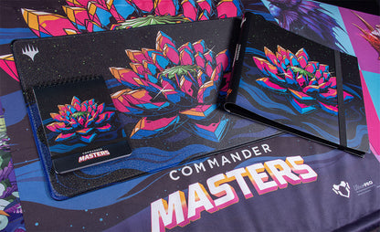 A black playmat with a vibrant, geometric Jeweled Lotus design and "COMMANDER MASTERS" text. Brand: Ultra Pro, Item: Commander Masters Jeweled Lotus Wall Scroll for Magic: The Gathering.
